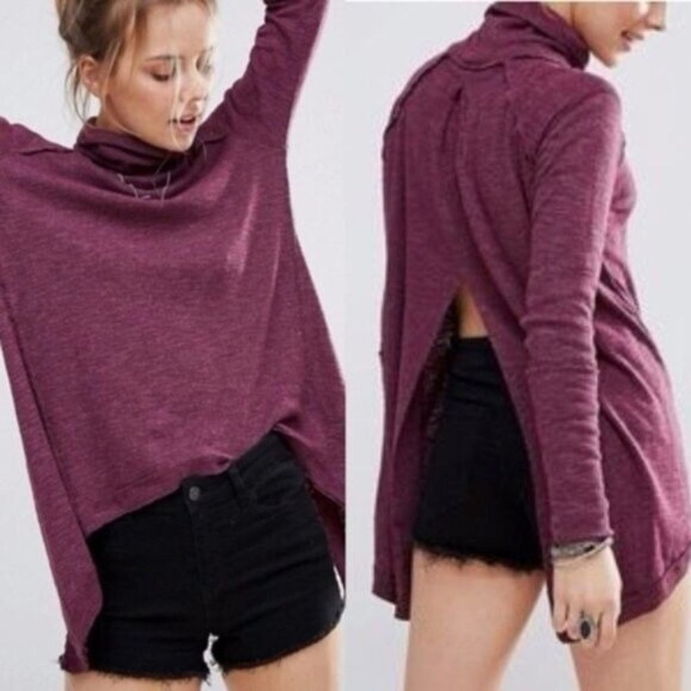 Free People Hi-Low Split Back Turtleneck XS Long Sleeve Magenta XS